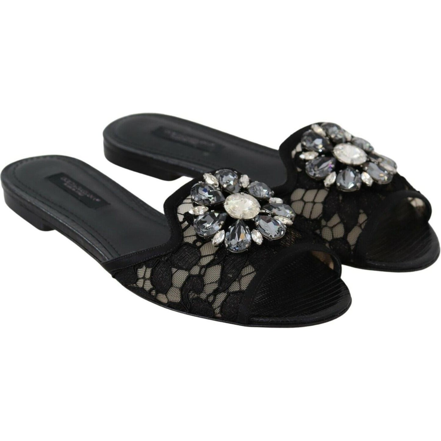 Dolce & Gabbana Black Taormina Lace Slides Crystals Flats Shoes LA8935-35.5