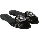Dolce & Gabbana Black Taormina Lace Slides Crystals Flats Shoes LA8935-35.5