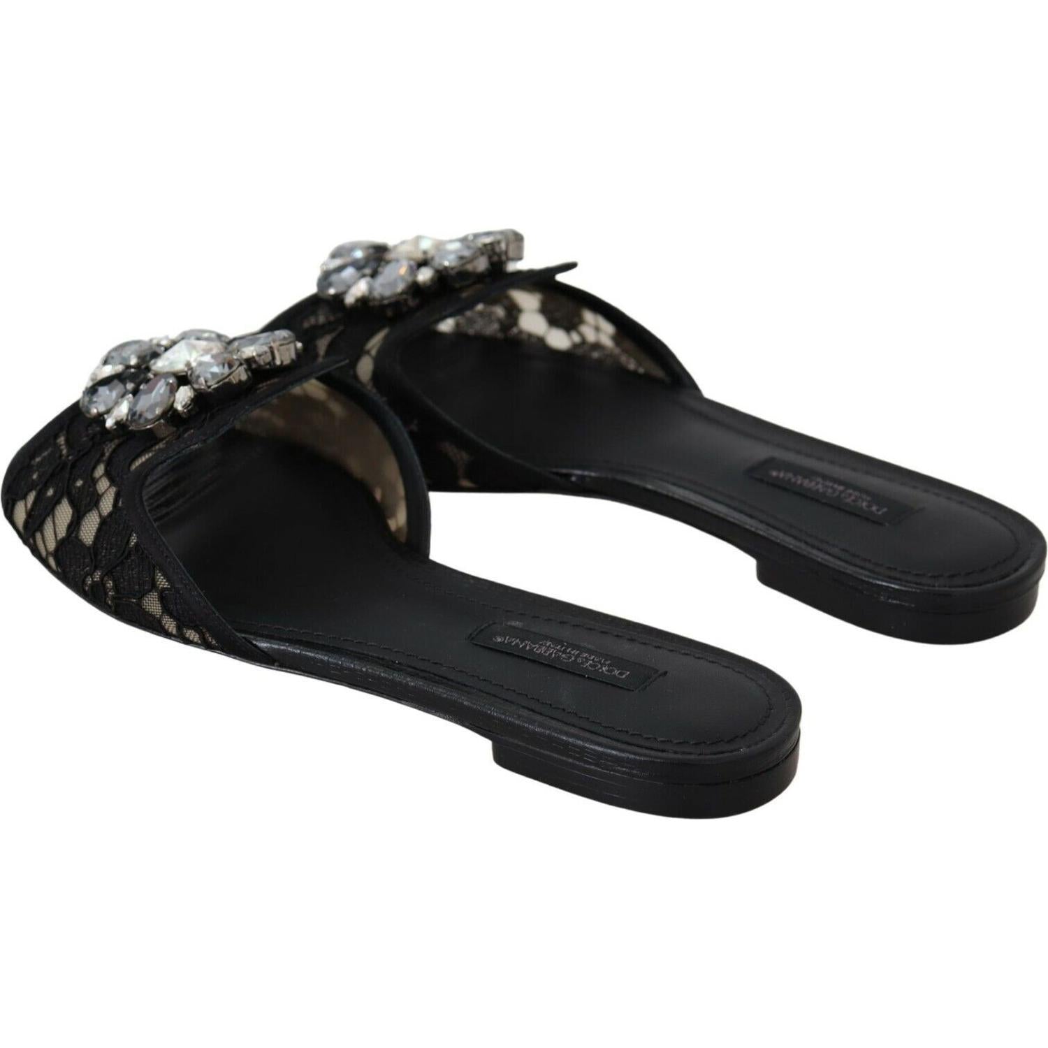 Dolce & Gabbana Black Taormina Lace Slides Crystals Flats Shoes