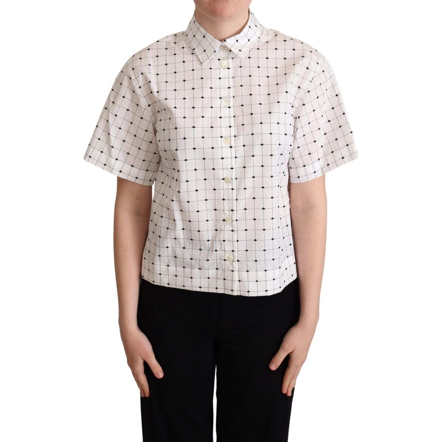 Dolce & Gabbana White Polka Dot Cotton Collared Shirt Top