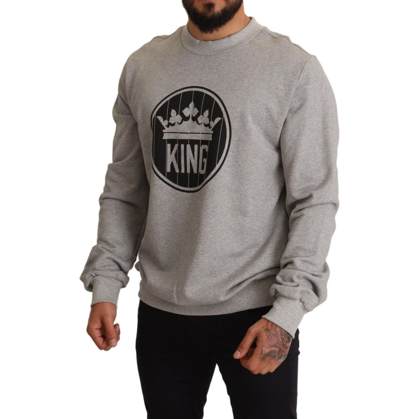 Dolce & Gabbana Gray Crown King Print Cotton Sweater MAN SWEATERS