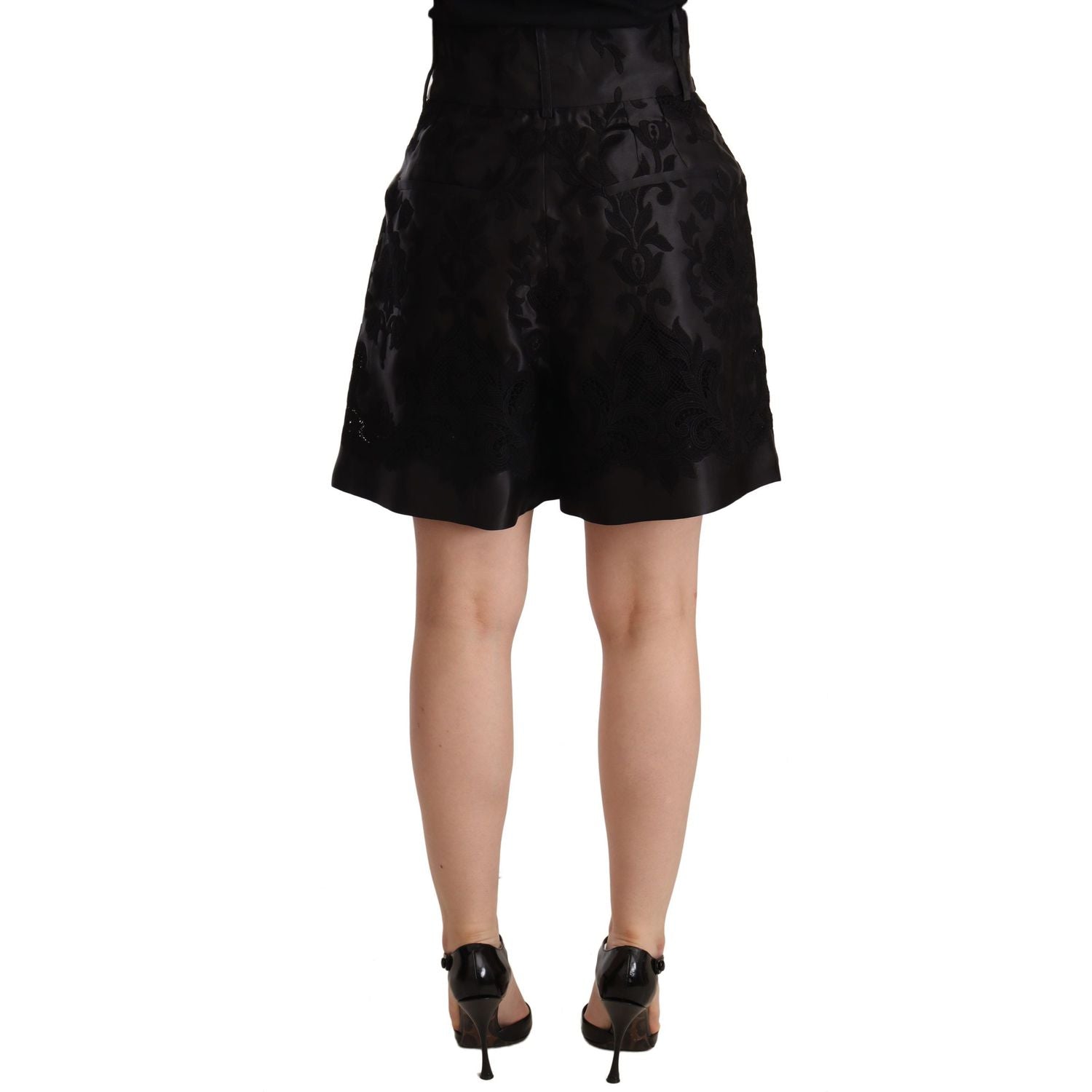 Dolce & Gabbana Black Floral Brocade High Waist Mini Shorts