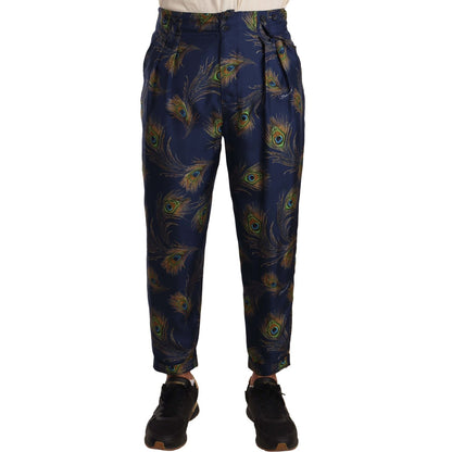 Dolce & Gabbana Blue Peacock Print Tapered Trousers Silk Pants MAN TROUSERS