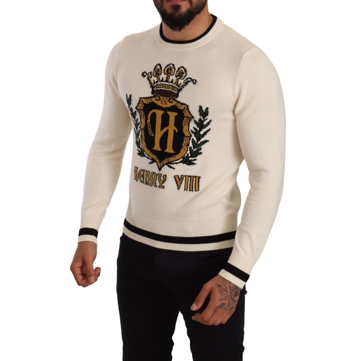 Dolce & Gabbana White Heraldic Cashmere Pullover Sweater