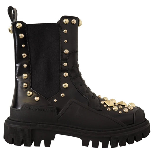 Dolce & Gabbana Black Leather Studded Combat Boots LA9149 - 35.5