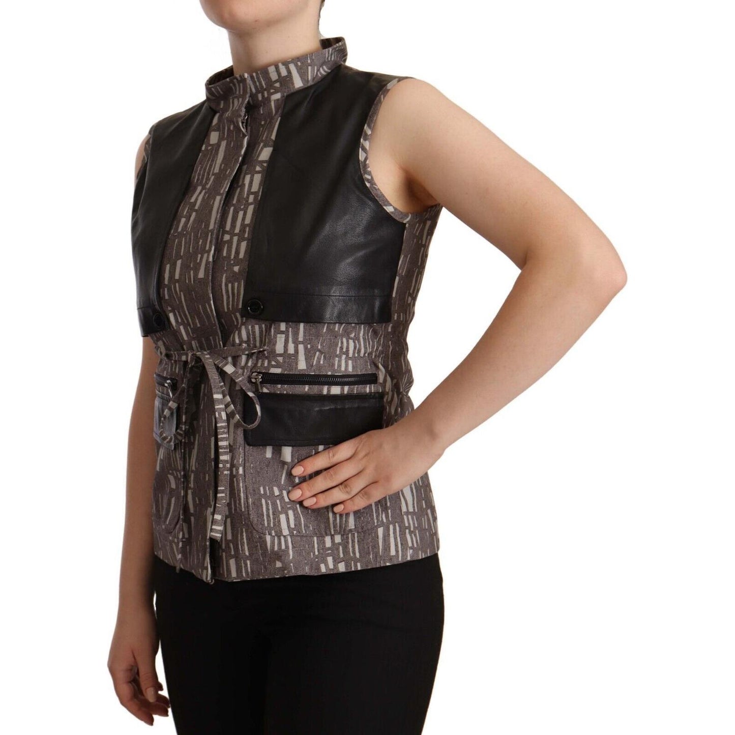 Comeforbreakfast Brown Black Vest Leather Sleeveless Top Blouse TSH7442 - 40