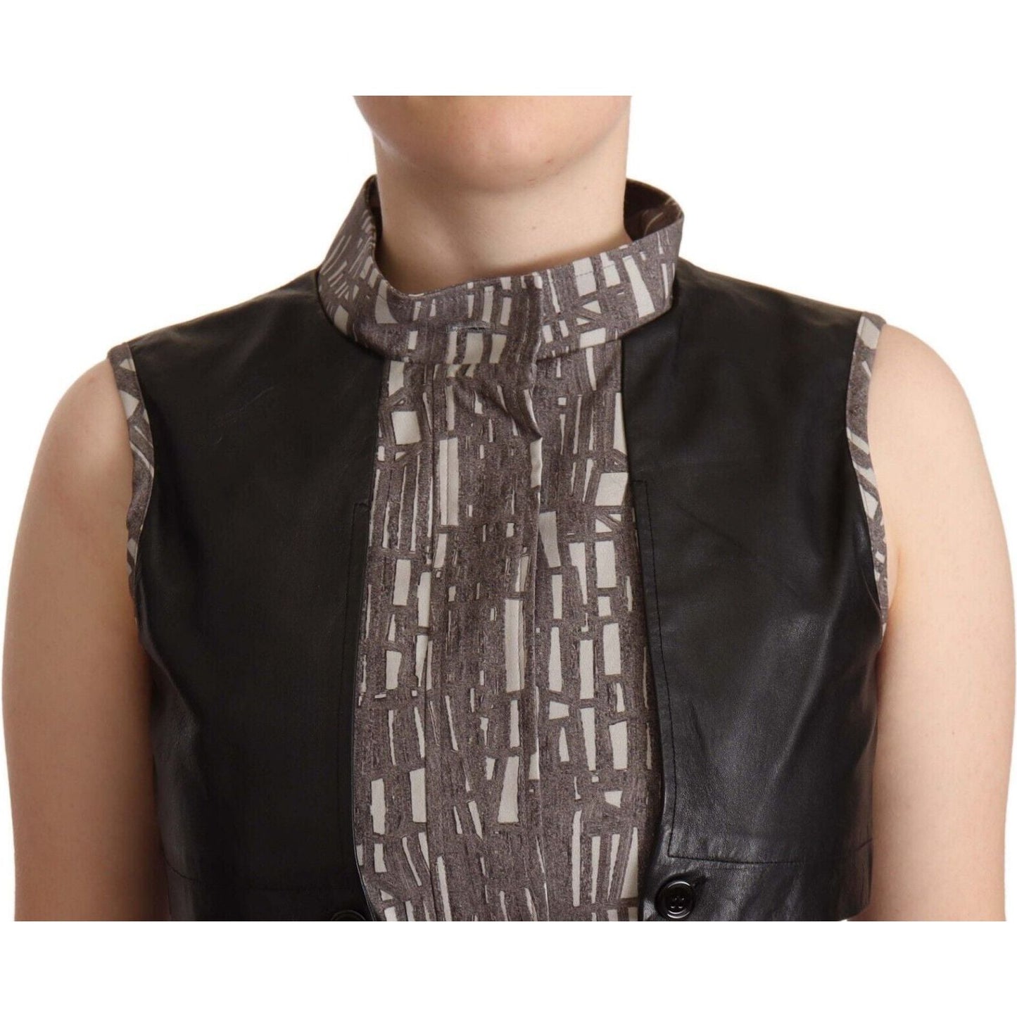 Comeforbreakfast Brown Black Vest Leather Sleeveless Top Blouse TSH7442 - 40