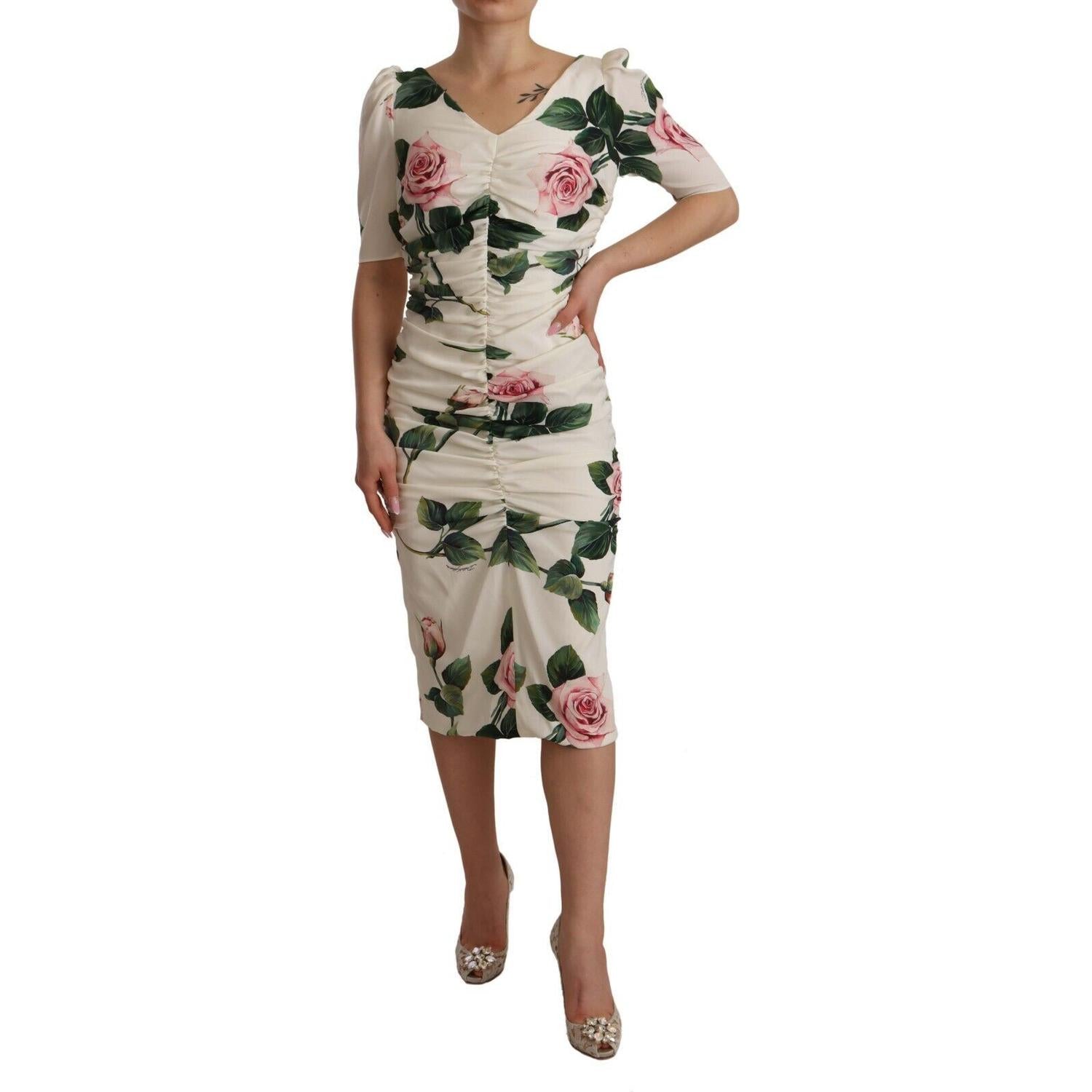 Dolce & Gabbana White Roses Print Stretch Silk Pleated Dress