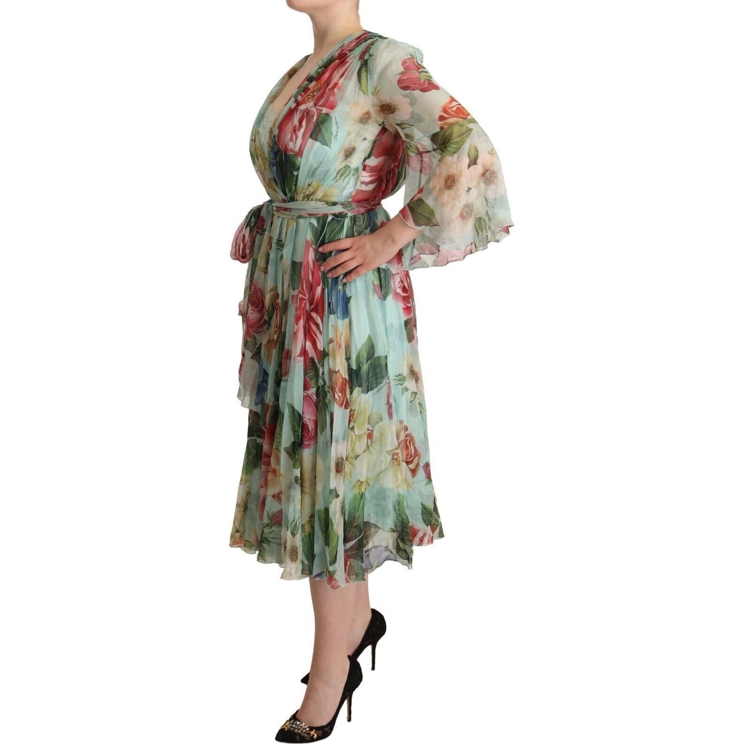 Dolce & Gabbana Green Floral Long Sleeves V-neck Midi Dress