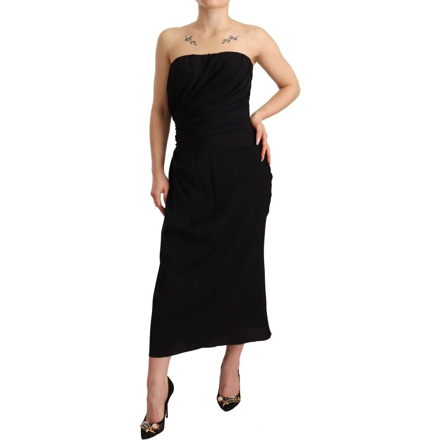 Dolce & Gabbana Black Silk Stretch Strapless Sheath Midi Dress