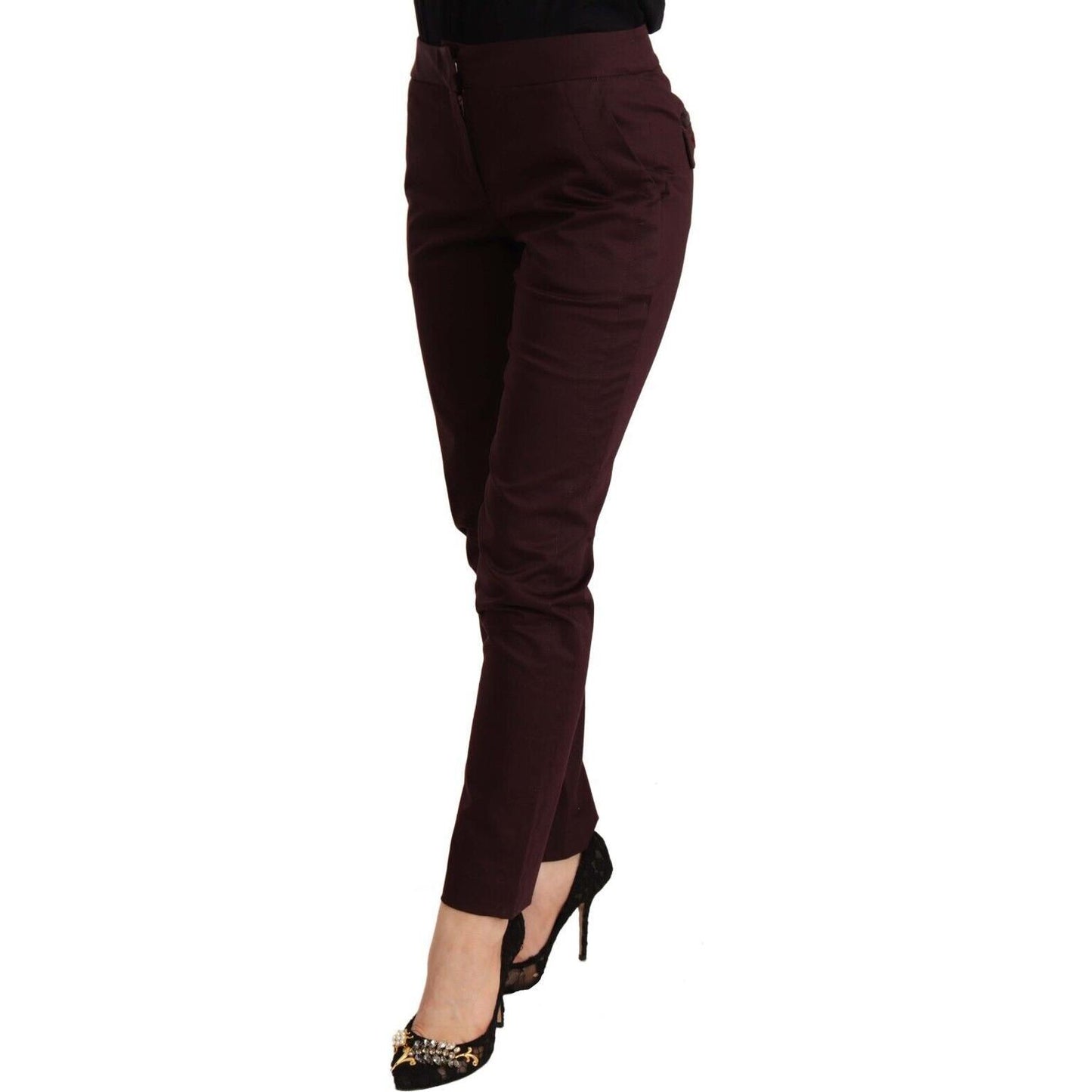 Just Cavalli Maroon Mid Waist Skinny Women Trouser Pants