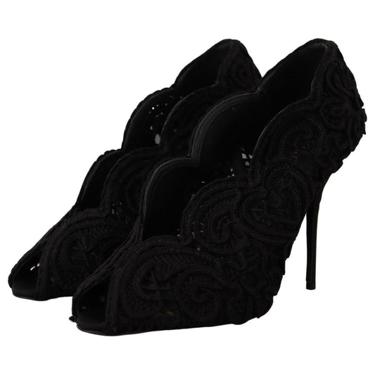 Dolce & Gabbana Black Cordonetto Ricamo Pump Open Toe Shoes LA9588 - 40