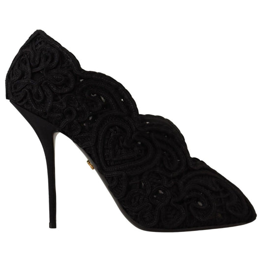Dolce & Gabbana Black Cordonetto Ricamo Pump Open Toe Shoes LA9588 - 40