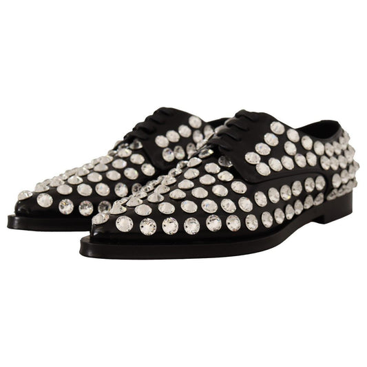 Dolce & Gabbana Black Leather Crystals Lace Up Formal Shoes LA9662 - 41