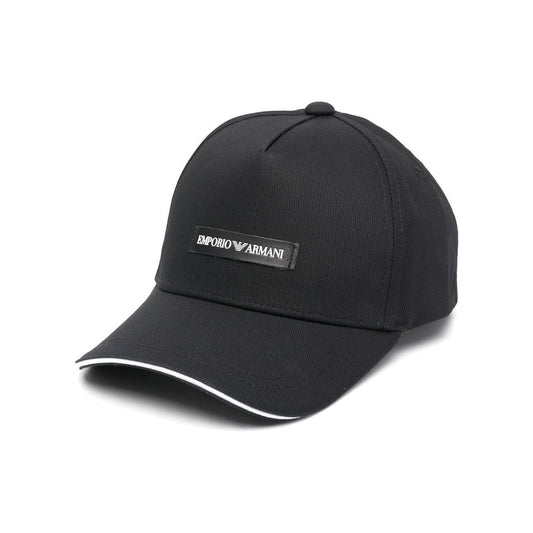 Emporio Armani black cotton cap with logo patch, curved peak, and adjustable strap. Stylish hat for casual wear.