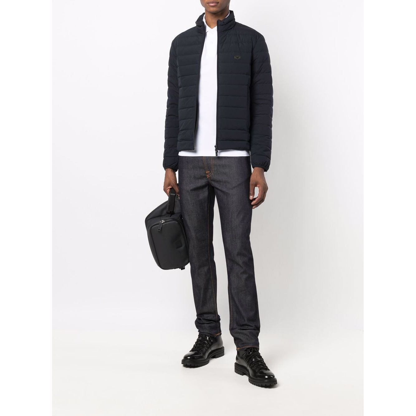 Emporio Armani Navy blue feather down padded logo-patch jacket