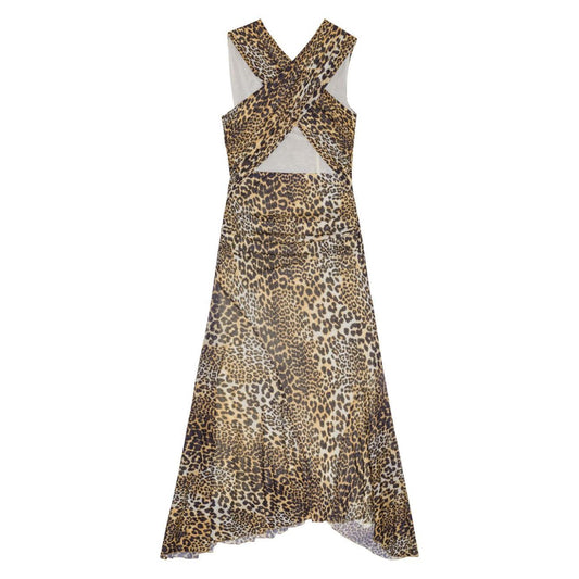 Ganni Leopard Marl Mesh Long Ruched Crossover Dress T4133943-P25