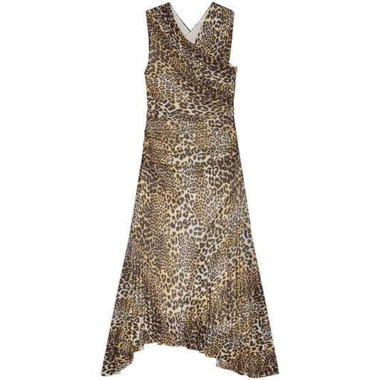 Ganni Leopard Marl Mesh Long Ruched Crossover Dress T4133943-P25