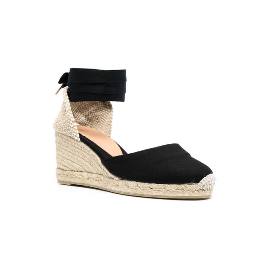 Black Castaner espadrille wedge with lace-up ankle, branded insole, 7.5cm heel, 2.5cm sole, round toe, Carina canvas design.