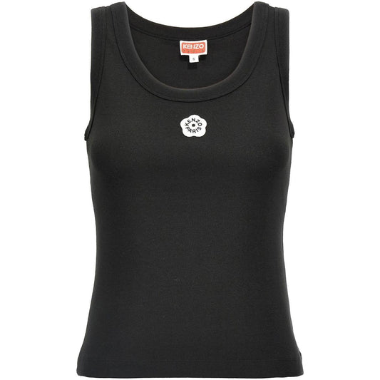Kenzo black sleeveless top with appliqué logo, round neck, and Boke Flower 2.0 design. Cotton fabric, fits true to size.
