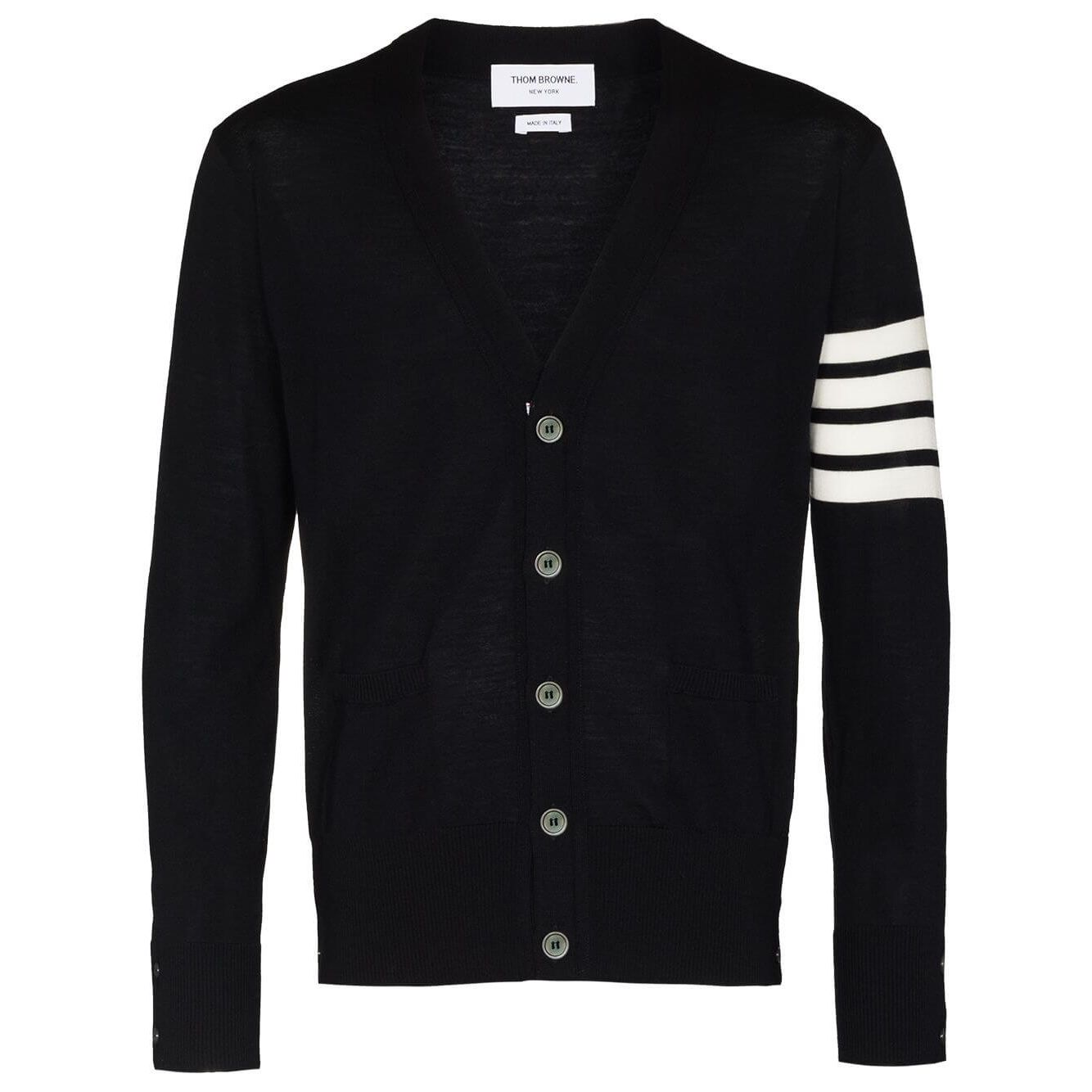 Thom Browne Sweaters Blue, navy blue cardigan with 4-Bar stripe and button fastening, long sleeves, wool blend, stylish and comfortable fit.