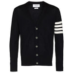 Thom Browne Sweaters Blue, navy blue cardigan with 4-Bar stripe and button fastening, long sleeves, wool blend, stylish and comfortable fit.