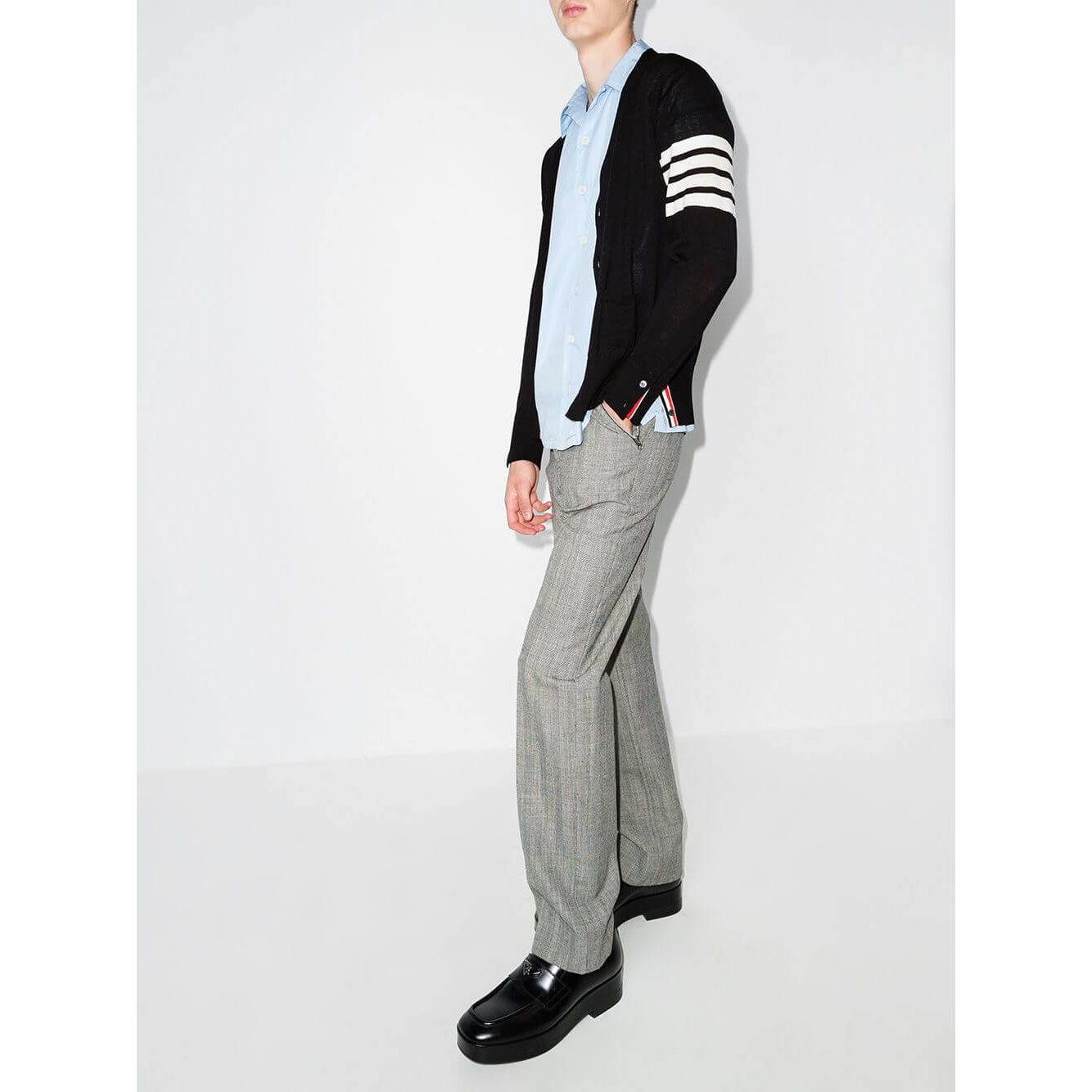 Thom Browne Sweaters Blue navy merino cardigan with 4-Bar stripe, front button fastening, RWB stripe detail, side slits, and long sleeves.