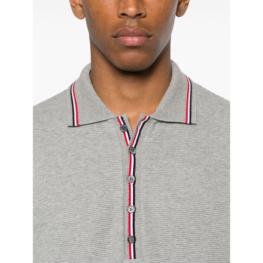 Thom Browne T-shirts and Polos Light Grey, featuring a grey button placket, polo collar, short sleeves, Rwb cotton design.