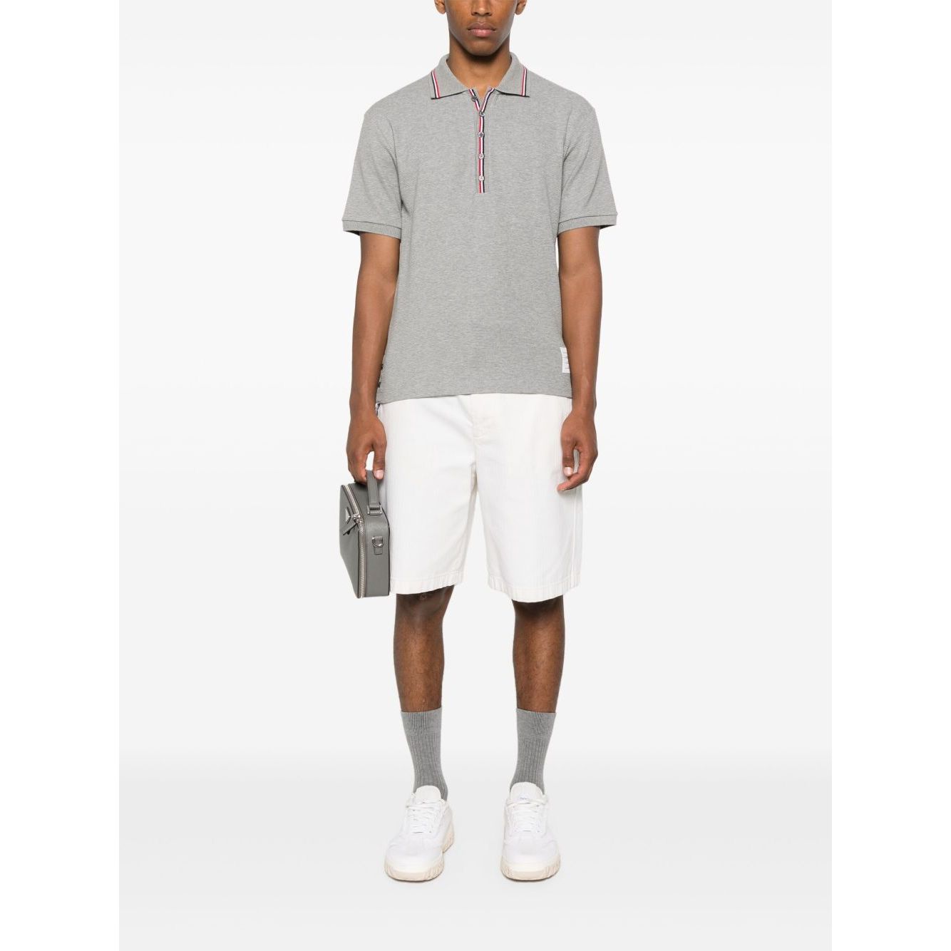 Thom Browne T-shirts and Polos Light Grey, grey cotton polo shirt, front button placket, Rwb detail, short sleeves.