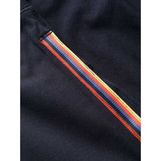Paul Smith Trousers Blue, midnight cotton jersey with rainbow motif, elasticated waist, tapered leg, signature stripe detail.