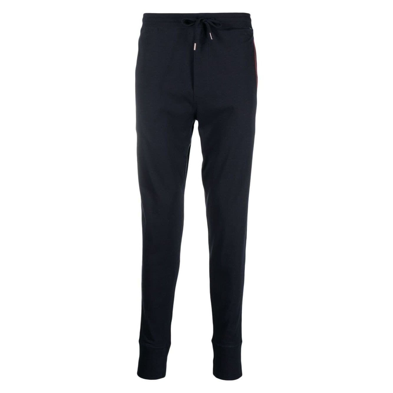 Paul Smith Trousers Blue featuring midnight blue cotton with rainbow motif and elasticated drawstring waist. Tapered leg design.