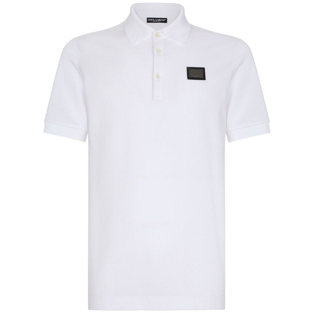 White Dolce & Gabbana Logo cotton polo shirt with logo plaque, polo collar, short sleeves, and straight hem.