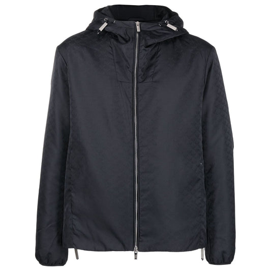 Emporio Armani Coats Blue nylon jacket with jacquard monogram, silver-tone hardware, hood, and two-way zip fastening.