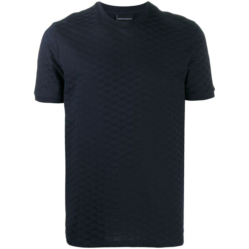 Emporio Armani T-shirts and Polos Blue with embossed logo pattern, navy cotton, round neck, short sleeves, straight hem.