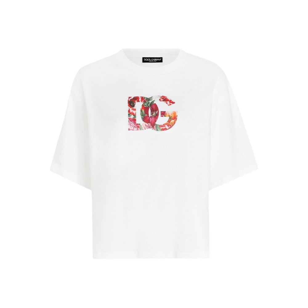 Dolce & Gabbana Logo cotton t-shirt in white with floral graphic, featuring a crew neck and short sleeves, straight hem design.