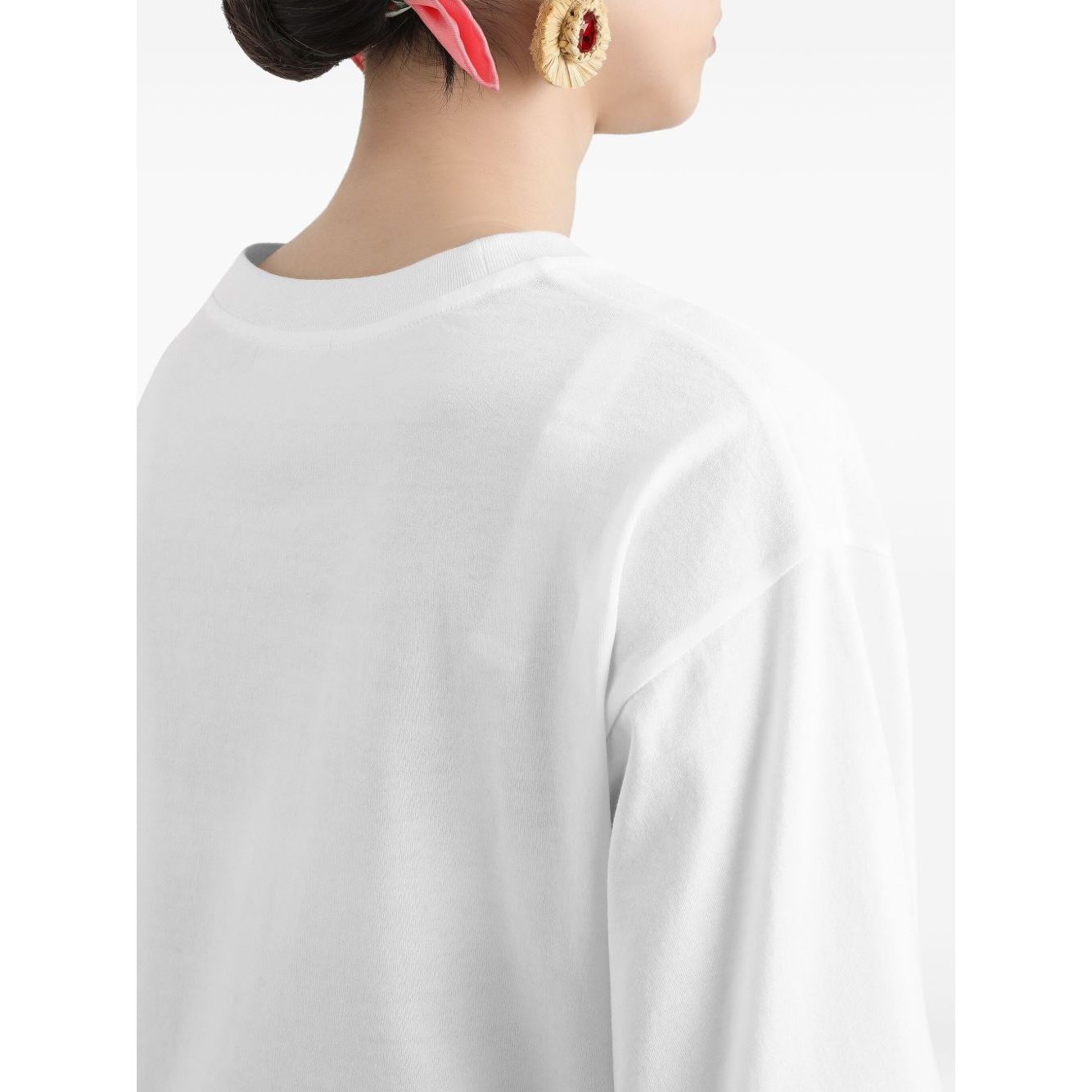 Back view of a white crew neck Dolce & Gabbana Logo cotton t-shirt with short sleeves and a straight hem.