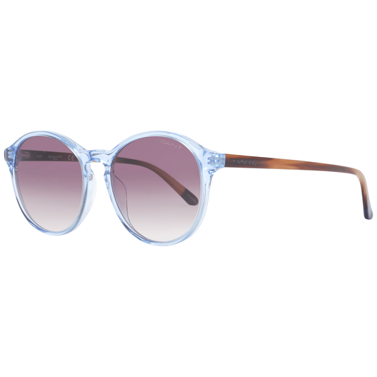 Gant blue round women's sunglasses with gradient brown plastic lenses, UVA & UVB protection, full-rim style, and branded case.
