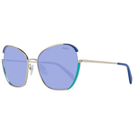 Emilio Pucci gold butterfly sunglasses with gradient blue lenses and metal frame for women, 100% UV protection, includes branded case.