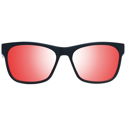 Spy black unisex sunglasses with mirrored red lenses, trapezium shape, full-rim black plastic frame offering 100% UVA/UVB protection.