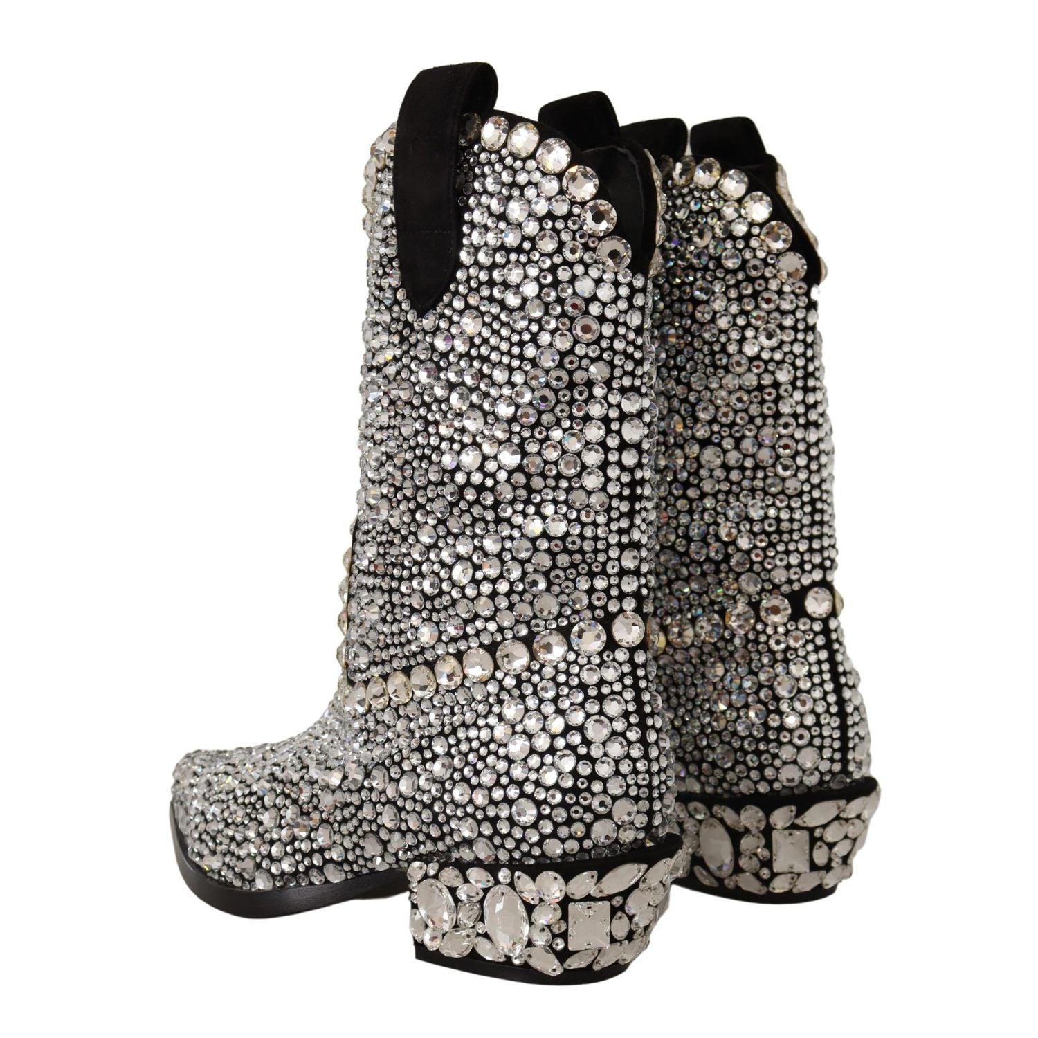 Dolce & Gabbana Black Suede Strass Crystal Cowgirl Boots