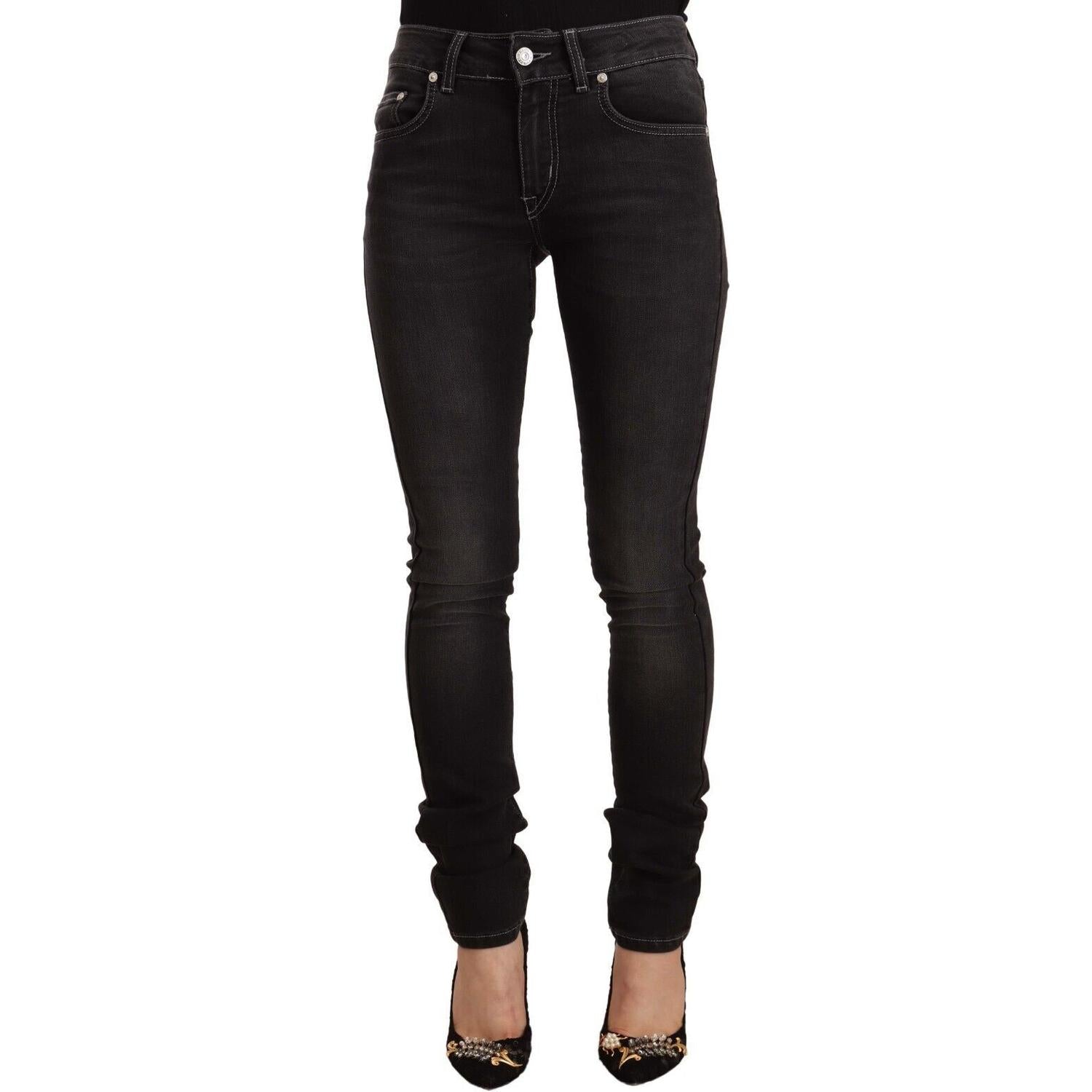GF Ferre Black Washed Mid Waist Cotton Denim Skinny Jeans