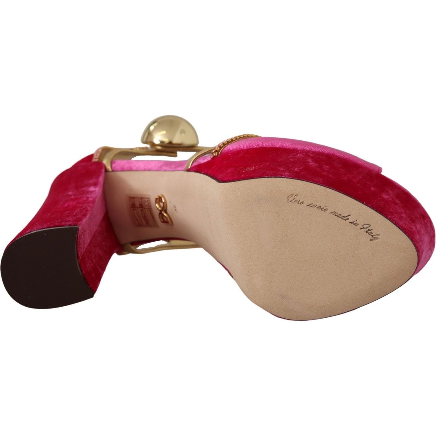 Dolce & Gabbana Pink Velvet Crystal Ankle Strap Sandals Shoes LA9774- 39.5
