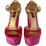 Dolce & Gabbana Pink Velvet Crystal Ankle Strap Sandals Shoes LA9774- 39.5