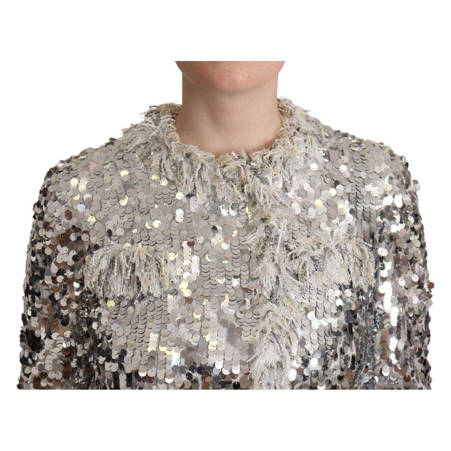 Dolce & Gabbana Silver Sequined Shearling Long Sleeves Jacket JKT3269 - 40