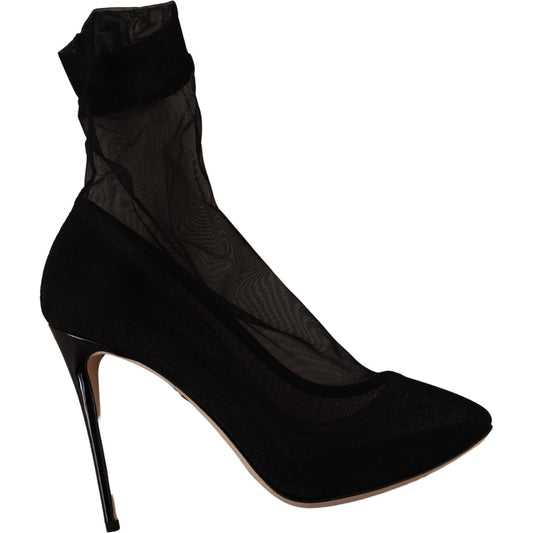 Dolce & Gabbana Black Stretch Tulle Stretch Boots Shoes LA9801- 39