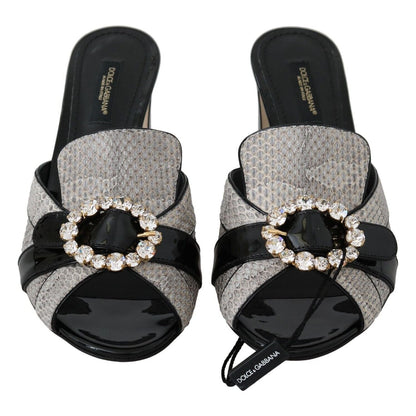 Dolce & Gabbana Black Gray Exotic Leather Crystals Sandals Shoes