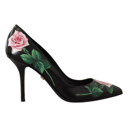 Dolce & Gabbana Black Leather Roses High Heels Pumps Shoes