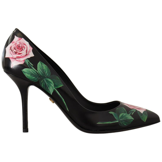 Dolce & Gabbana Black Leather Roses High Heels Pumps Shoes LA9966-35
