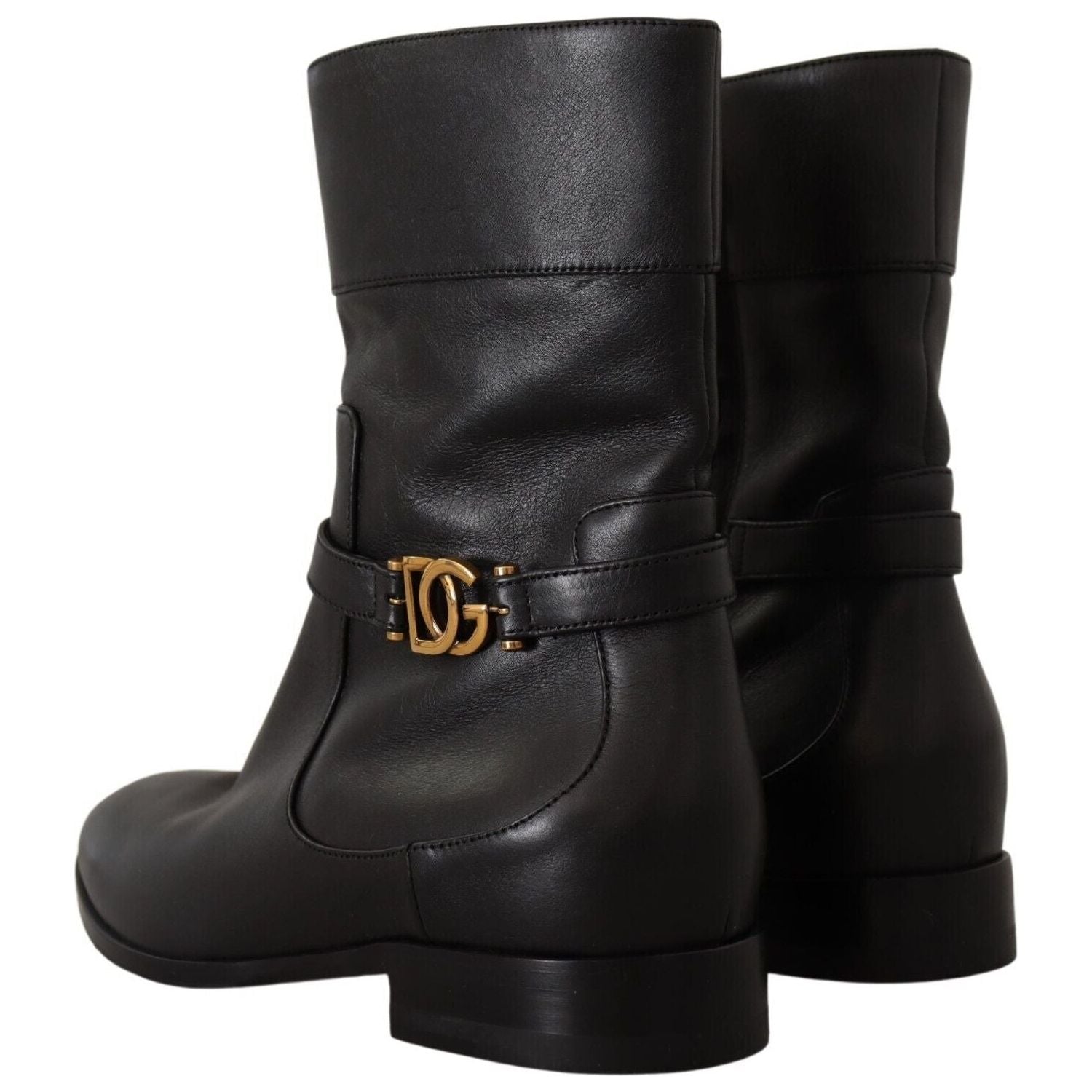 Dolce & Gabbana Black Leather Flats Logo Short Boots Shoes