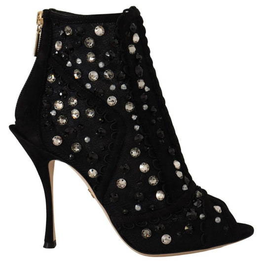 Dolce & Gabbana Black Crystals Heels Zipper Short Boots Shoes LA9773 - 37.5